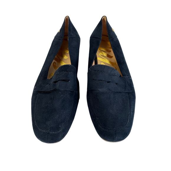 Cupio Women’s Size Made in Spain Navy Suede Loafers | 1” Heel | Gold Logo Detail - Picture 1 of 6